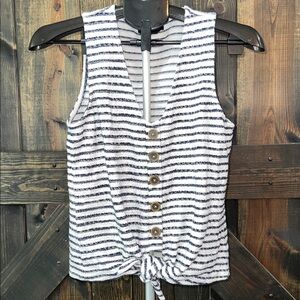 Sanctuary Textured Tie Front Top S Striped White Navy Blue Neutral Preppy Casual